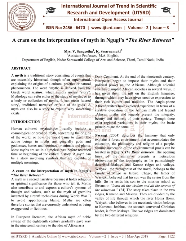 A cram on the interpretation of myth in Ngugi's "The River Between"