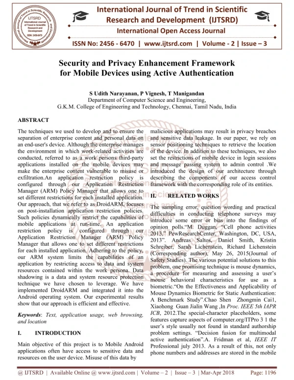 Security and Privacy Enhancement Framework for Mobile Devices using Active Authentication