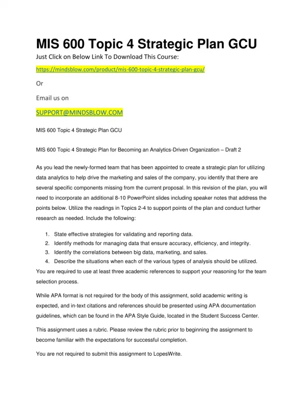 MIS 600 Topic 4 Strategic Plan GCU