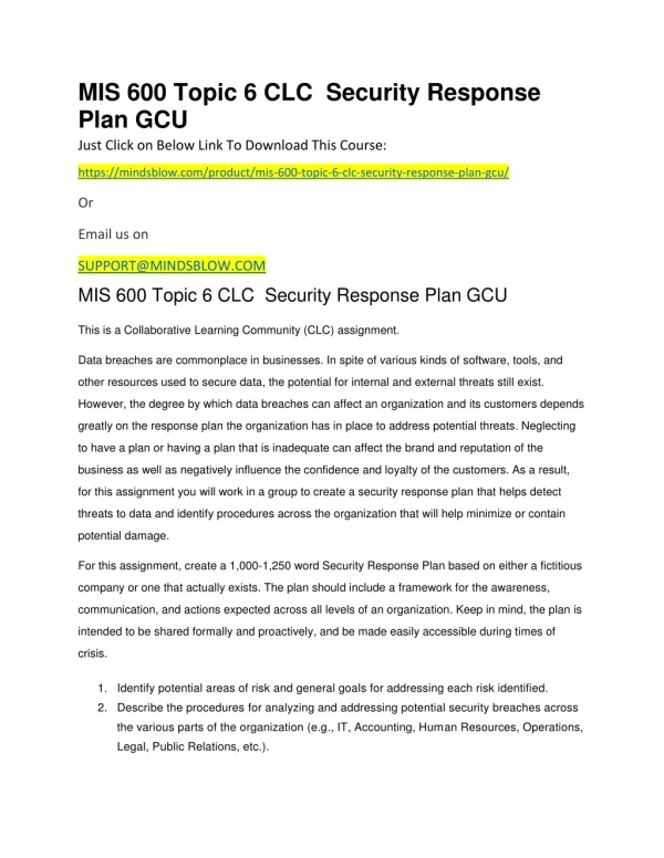 MIS 600 Topic 6 CLC  Security Response Plan GCU