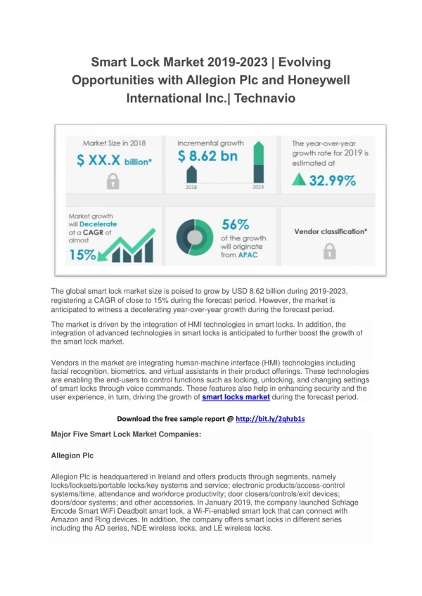 Smart Lock Market 2019-2023 | Evolving Opportunities with Allegion Plc and Honeywell International Inc.| Technavio