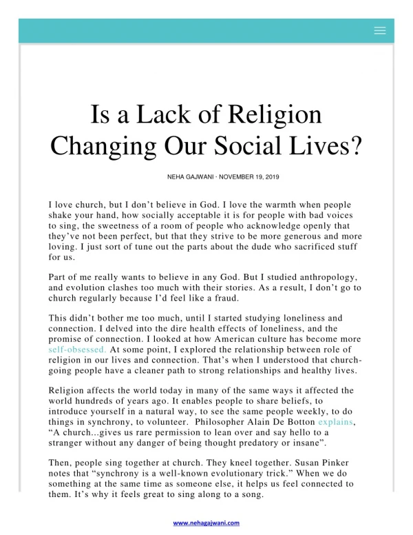 Is a Lack of Religion Changing Our Social Lives? — Neha Gajwani