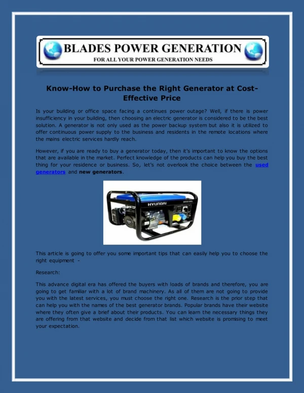 Know-How to Purchase the Right Generator at Cost-Effective Price
