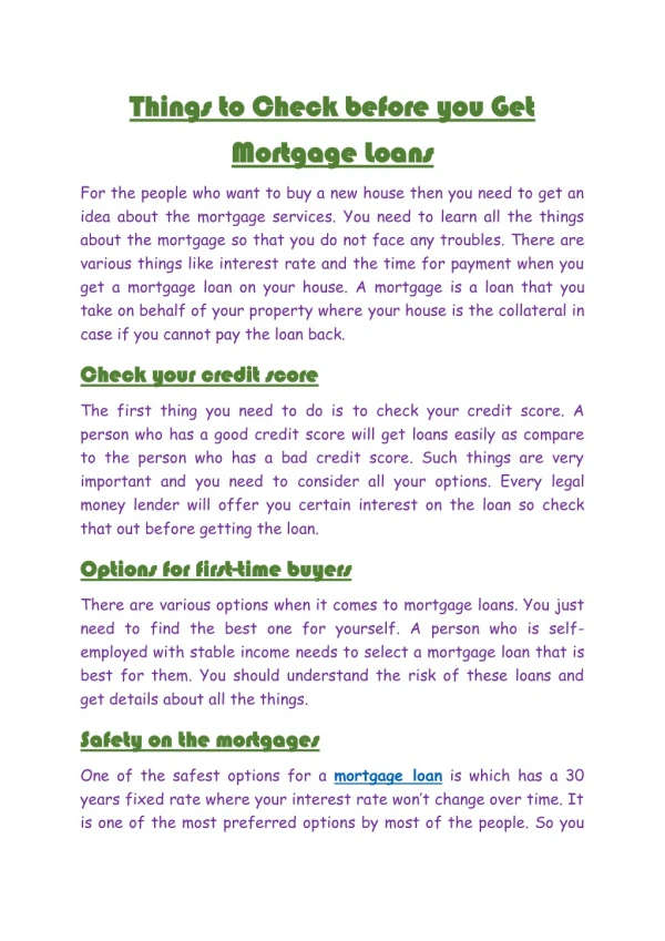 Things to Check before you Get Mortgage Loans