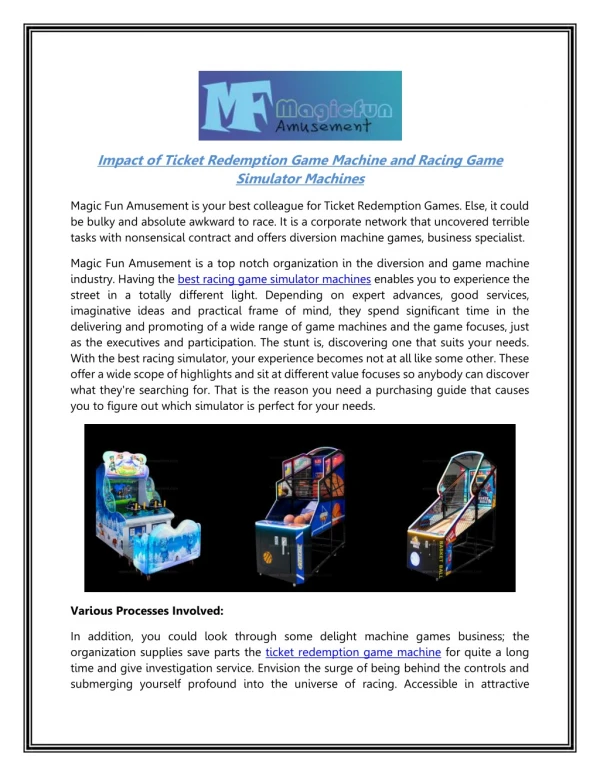 Impact Of Ticket Redemption Game Machine And Racing Game Simulator Machines