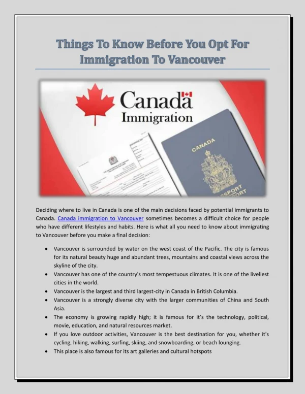 Things To Know Before You Opt For Immigration To Vancouver