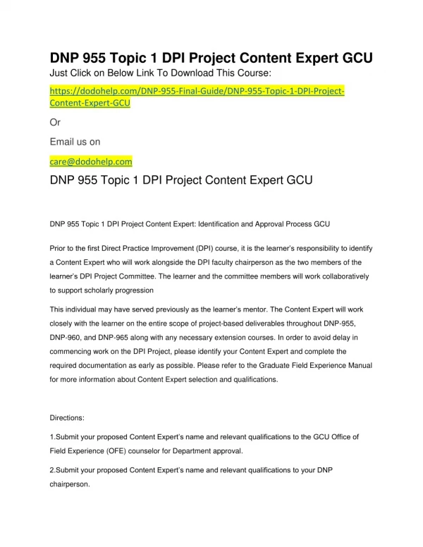 DNP 955 Topic 1 DPI Project Content Expert GCU