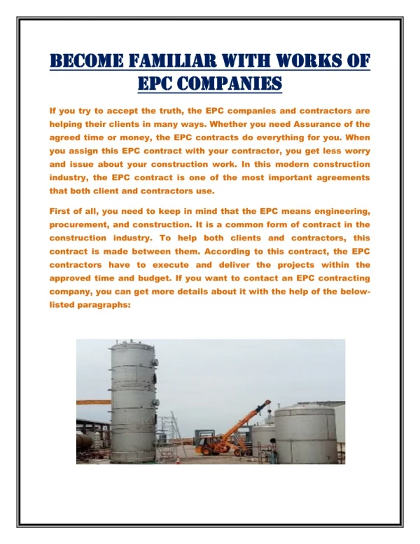 Become familiar with works of EPC companies