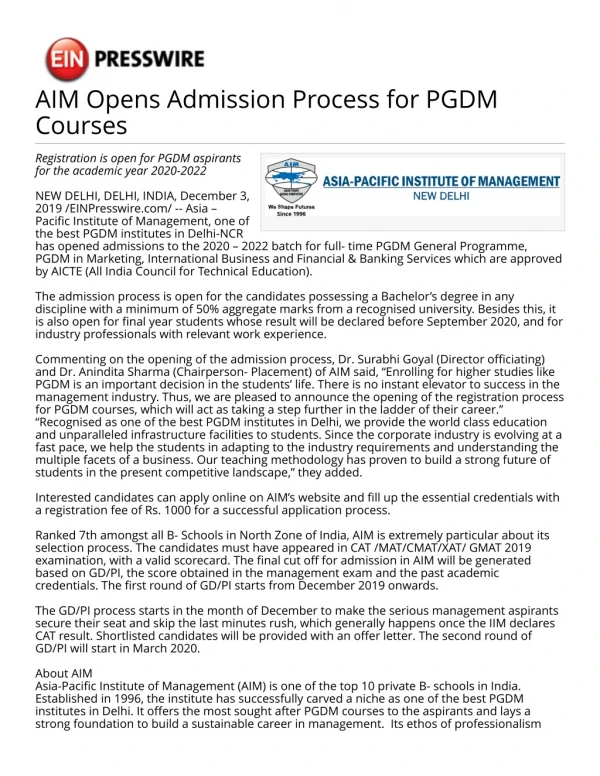 AIM Opens Admission Process for PGDM Courses