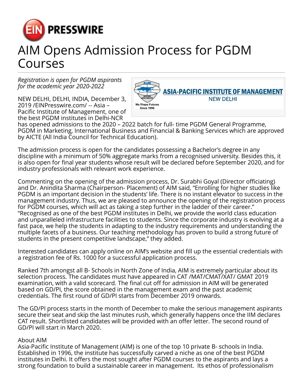 aim opens admission process for pgdm courses