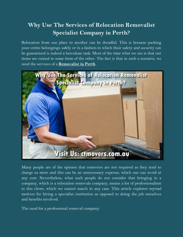 Why Use The Services of Relocation Removalist Specialist Company in Perth?