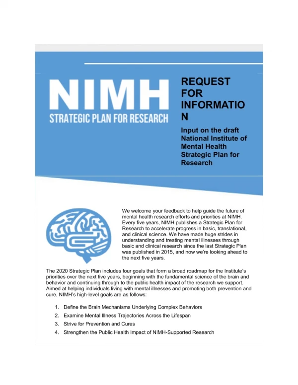 Request for Information (RFI) on the 2020 National Institute of Mental Health (NIMH) Strategic Plan for Research