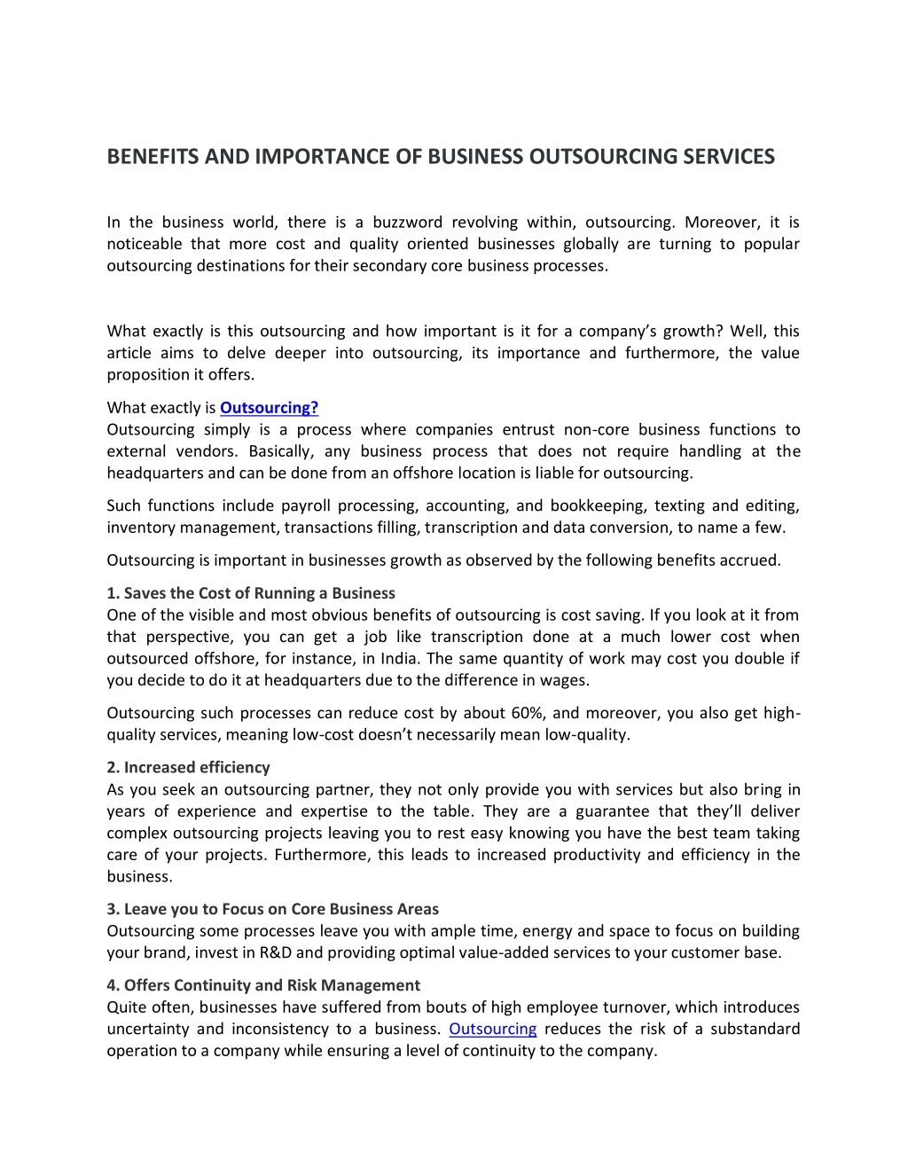 benefits and importance of business outsourcing