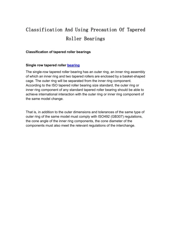 Classification And Using Precaution Of Tapered Roller Bearings