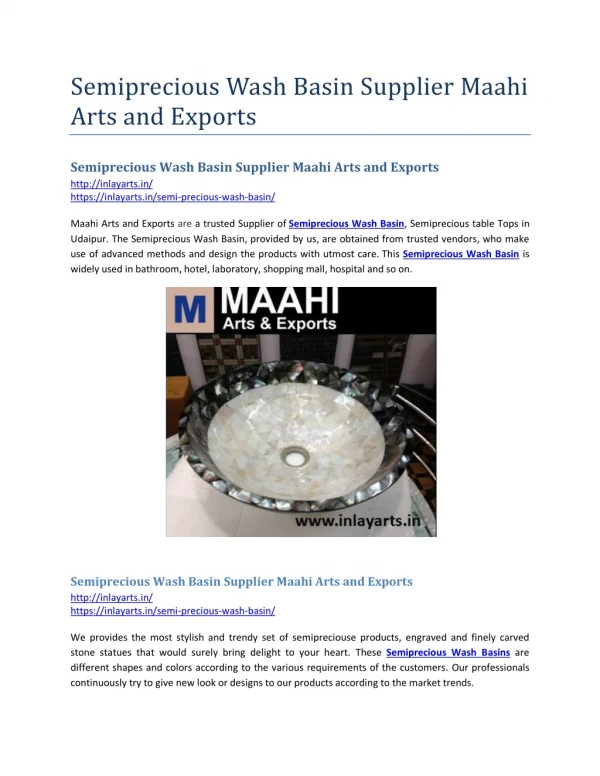 Semiprecious Wash Basin Supplier Maahi Arts and Exports