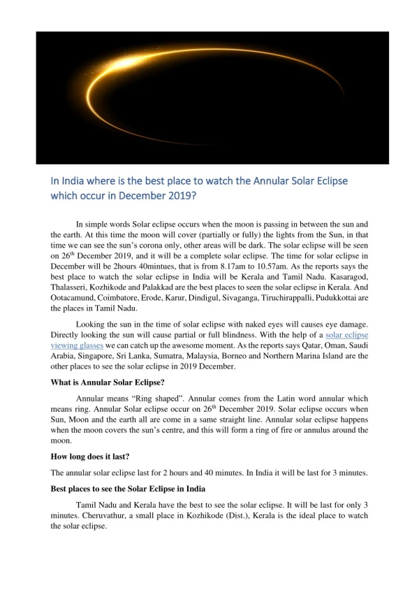 In India where is the best place to watch the Annular Solar Eclipse which occur in December 2019?
