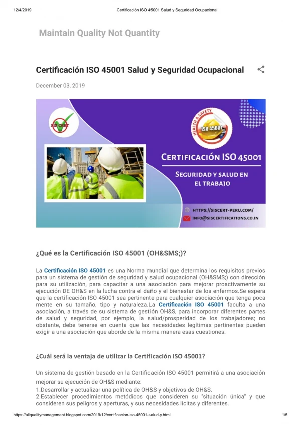 Certificación ISO 45001 Salud y Seguridad Ocupacional