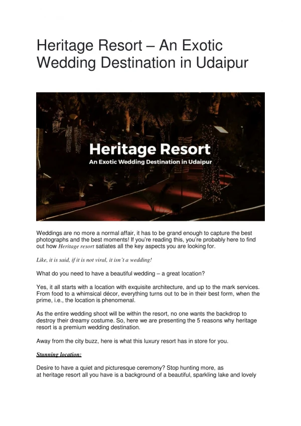 Heritage Resort – An Exotic Wedding Destination in Udaipur