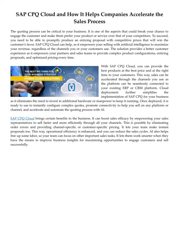 SAP CPQ Cloud and How It Helps Companies Accelerate the Sales Process