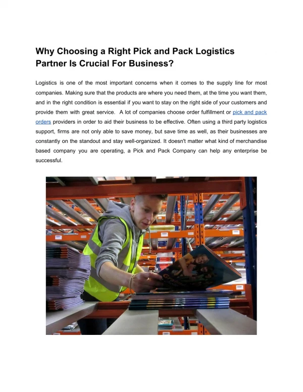 Why Choosing a Right Pick and Pack Logistics Partner Is Crucial For Business?
