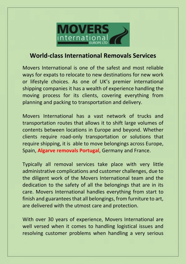 World-class International Removals Services