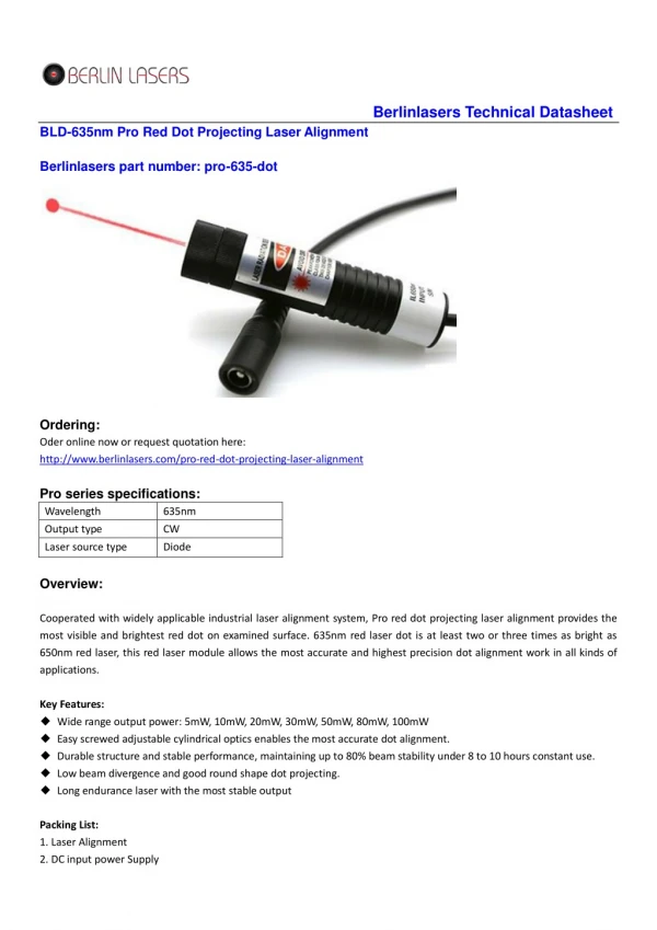 Berlinlasers 635nm 5mW-100mW Pro Red Dot Laser Alignment Technical Datasheet