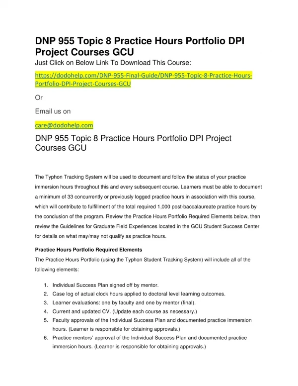 DNP 955 Topic 8 Practice Hours Portfolio DPI Project Courses GCU