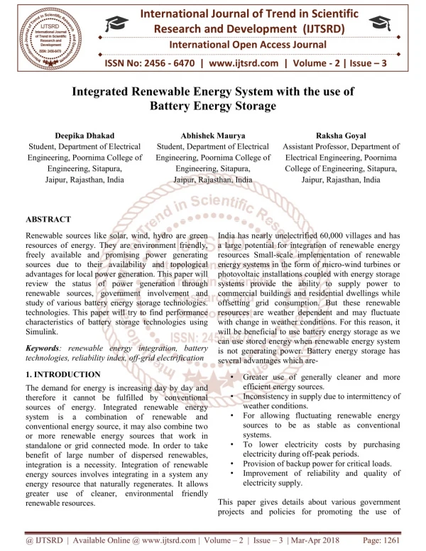 Integrated Renewable Energy System with the use of Battery Energy Storage