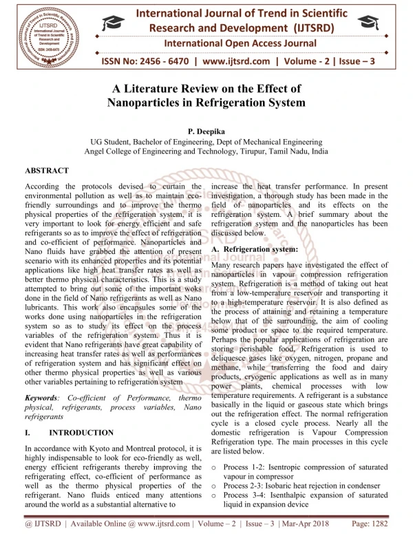 A Literature Review on the Effect of Nanoparticles in Refrigeration System