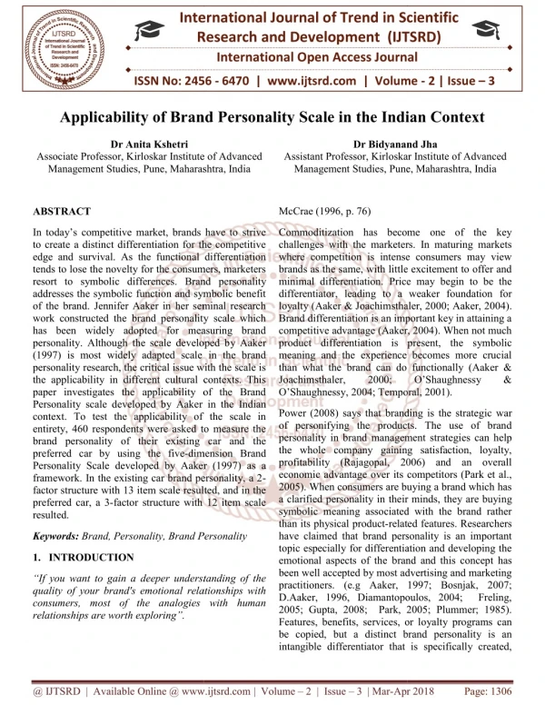 Applicability of Brand Personality Scale in the Indian Context