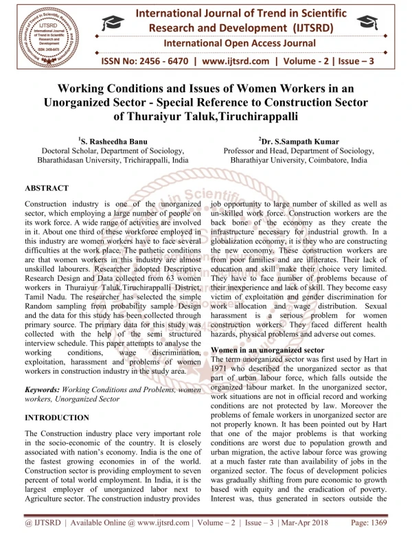 Working Conditions and Issues of Women Workers in an Unorganized Sector Special Reference to Construction Sector of Thur