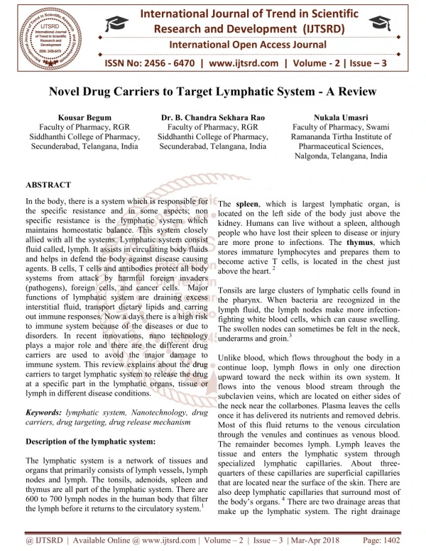 Novel Drug Carriers to Target Lymphatic System A Review