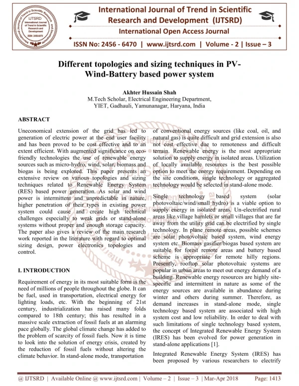 Different topologies and sizing techniques in PV Wind Battery based power system