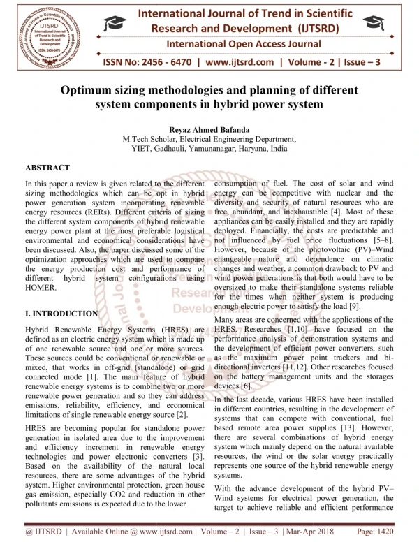 Optimum sizing methodologies and planning of different system components in hybrid power system