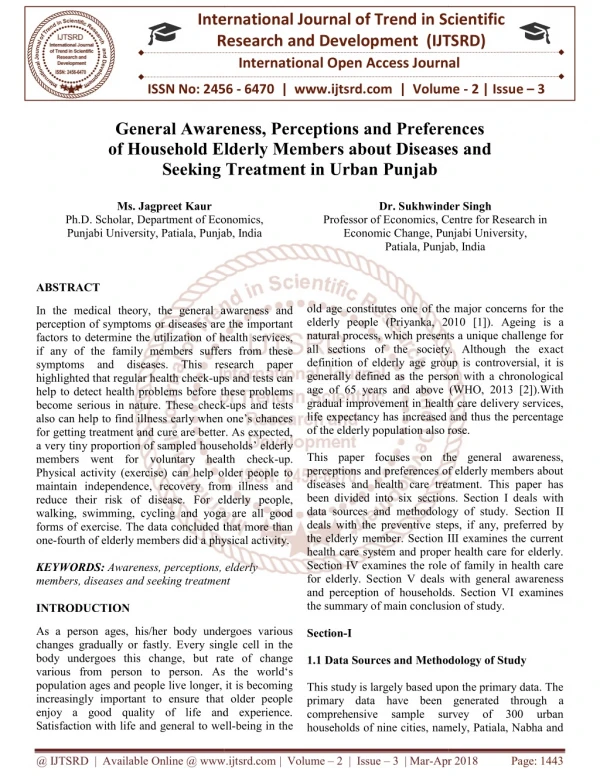 General Awareness, Perceptions and Preferences of Household Elderly Members about Diseases and Seeking Treatment in Urba
