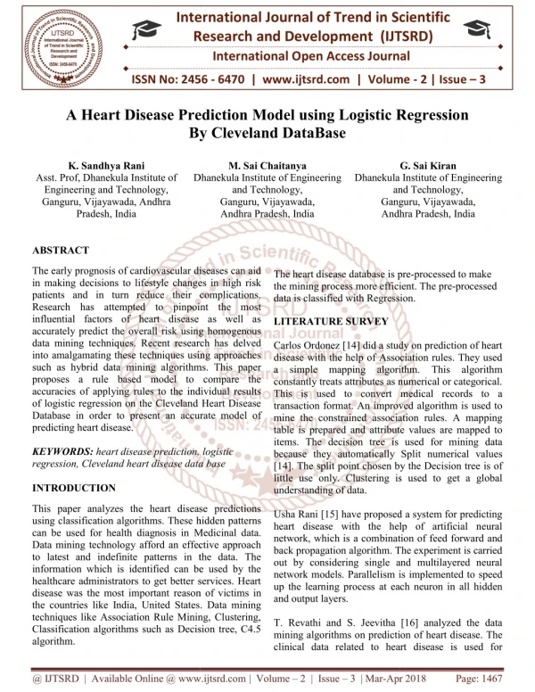 A Heart Disease Prediction Model using Logistic Regression By Cleveland DataBase