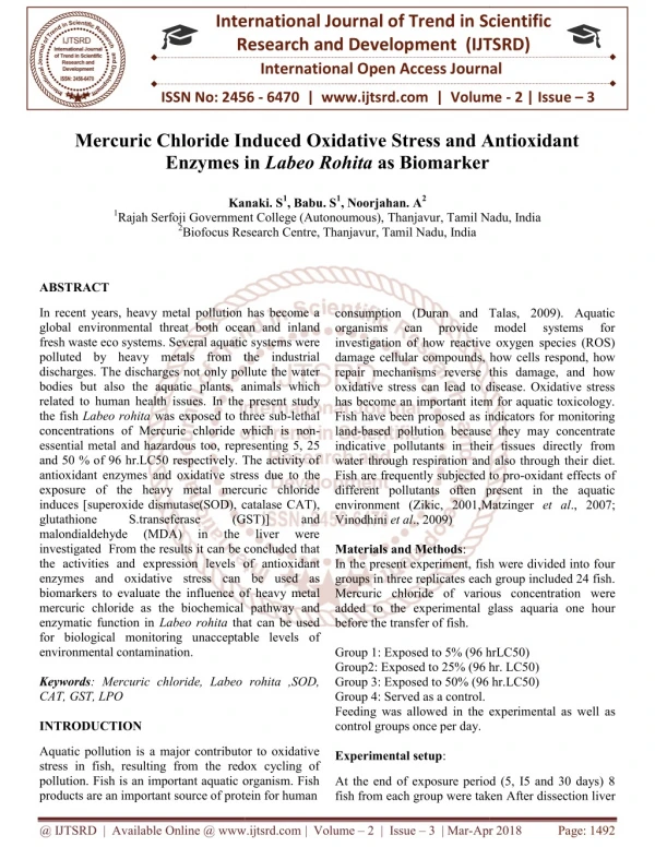 Mercuric Chloride Induced Oxidative Stress and Antioxidant Enzymes in Labeo Rohita as Biomarker
