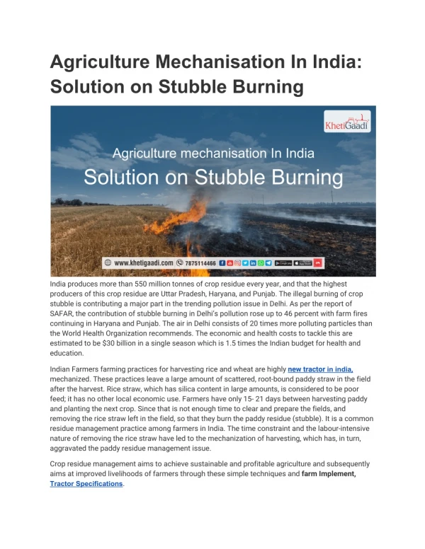 Agriculture Mechanisation In India: Solution on Stubble Burning