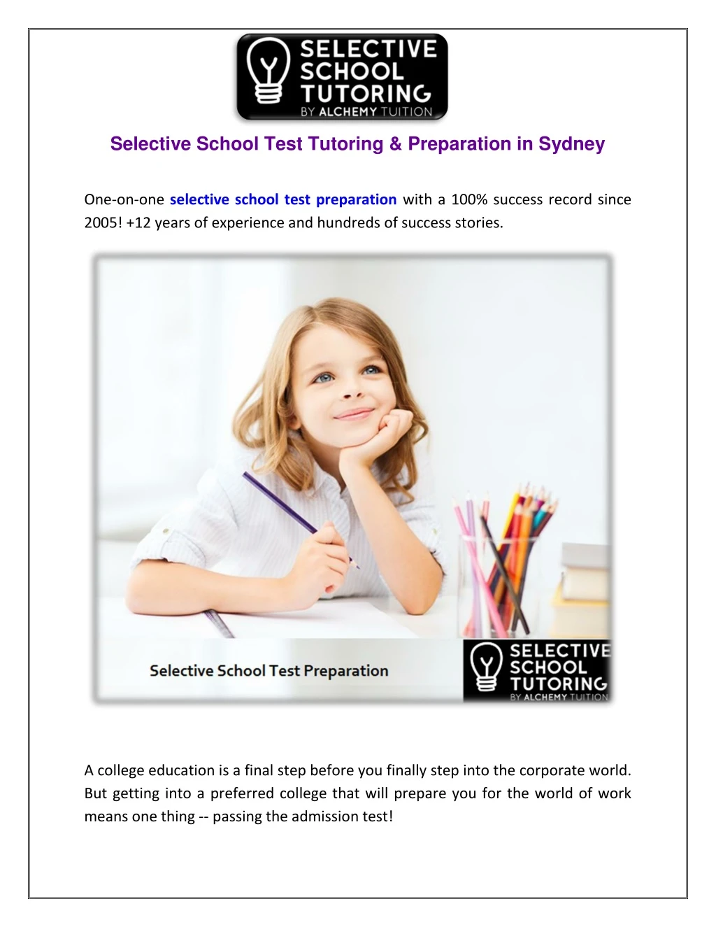 selective school test tutoring preparation