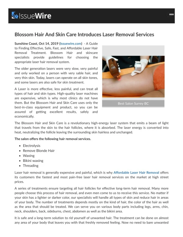 Blossom Hair And Skin Care Introduces Laser Removal Services