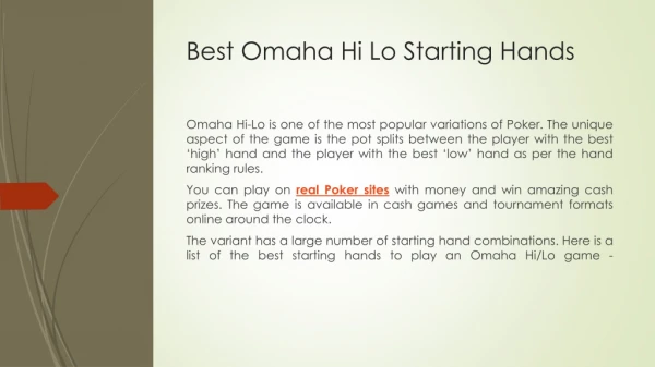 Best Omaha Hi Lo Starting Hands