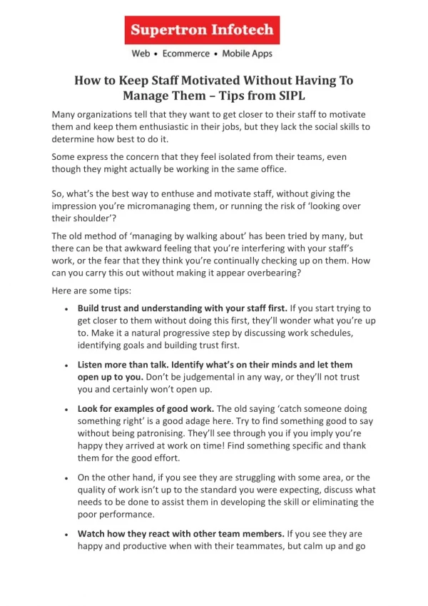 How to Keep Staff Motivated Without Having To Manage Them – Tips from SIPL