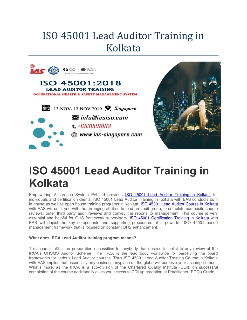 iso 45001 lead auditor training in kolkata