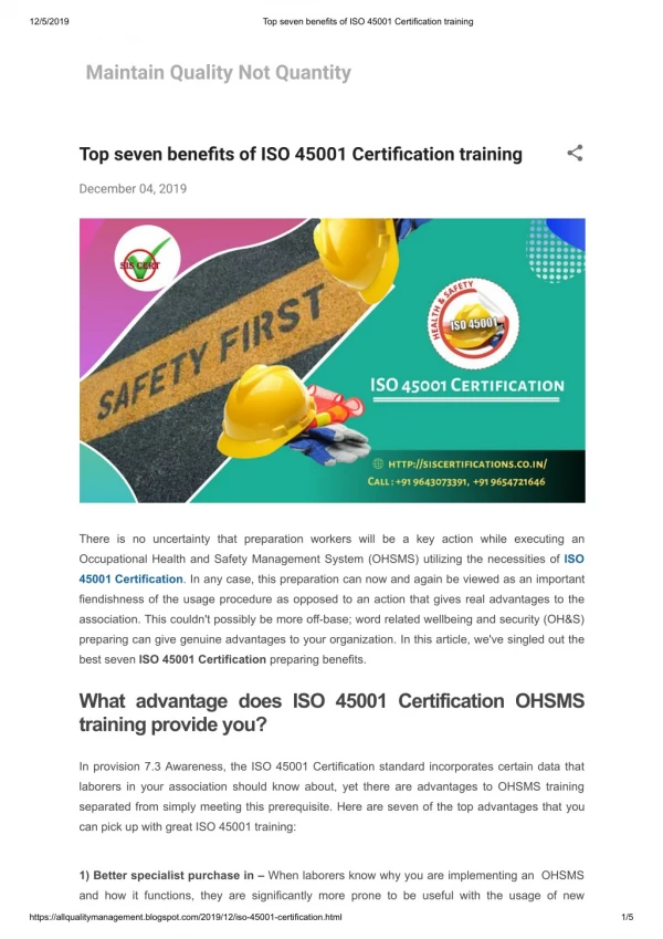 BEST seven benefits of ISO 45001 Certification training