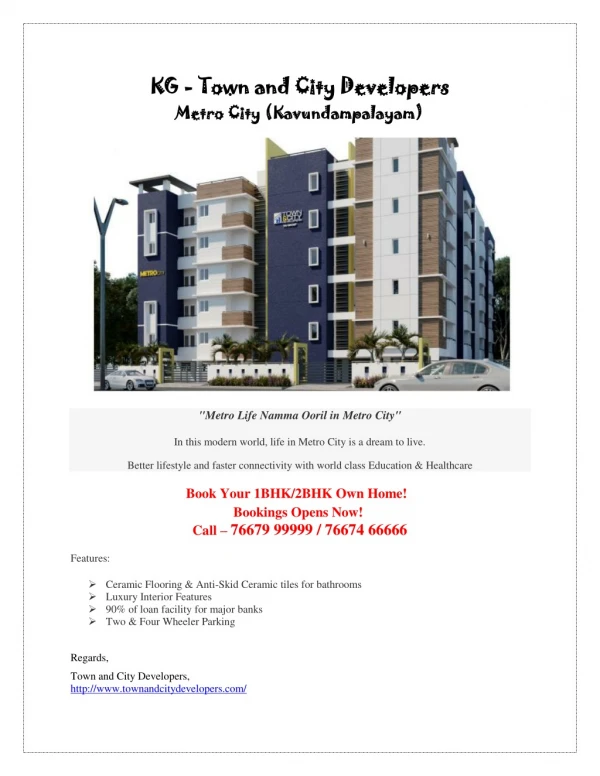 1 & 2 BHK Apartments Coimbatore |Metro city - Kavundampalayam | Town & City Developers