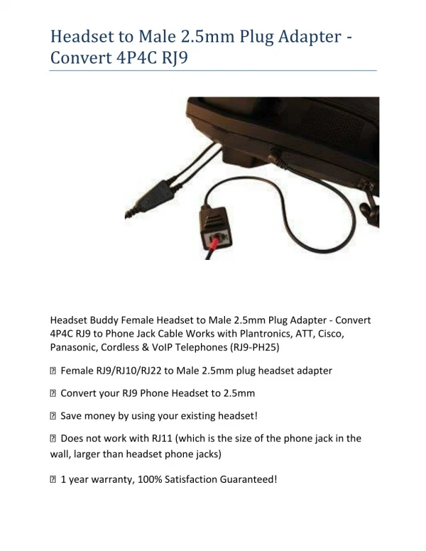 Headset to Male 2.5mm Plug Adapter - Convert 4P4C RJ9