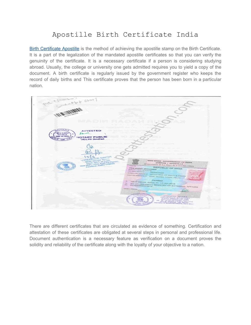 apostille birth certificate india