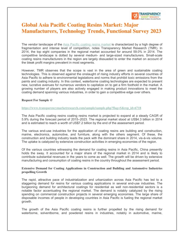 Global Asia Pacific Coating Resins Market:Major Manufacturers, Technology Trends, Functional Survey 2023