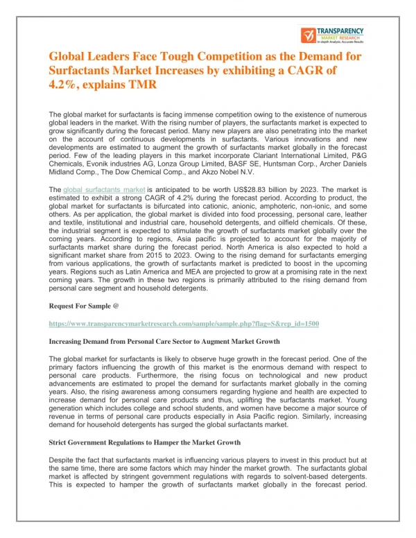 Global Leaders Face Tough Competition as the Demand for Surfactants Market Increases by exhibiting a CAGR of 4.2%, expla