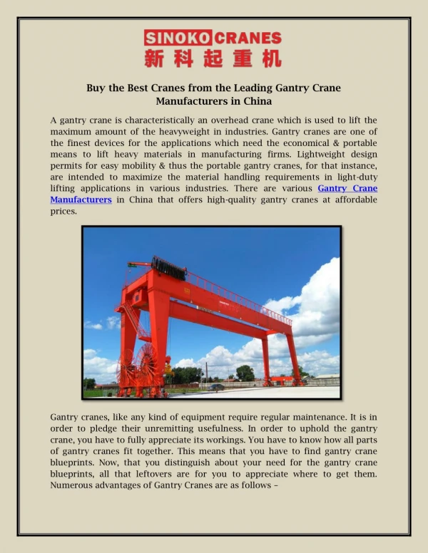 Buy the Best Cranes from the Leading Gantry Crane Manufacturers in China